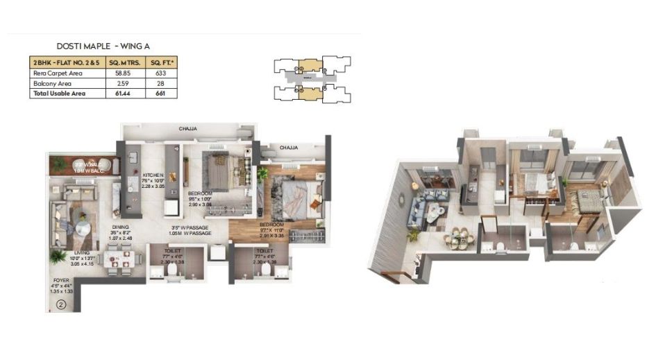 Dosti-Maple-Floor-Plan-A wing-2 BHK-661 Sqft